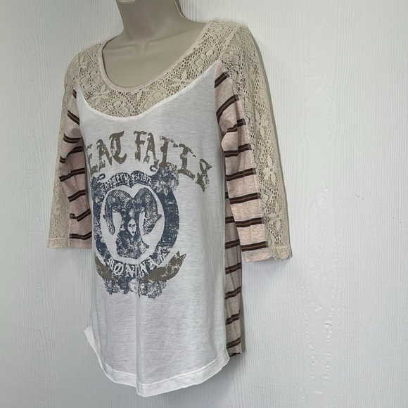 Free People - We The Free Great Falls Montana Stripe Lace Graphic Top Size Small - Picture 6 of 12